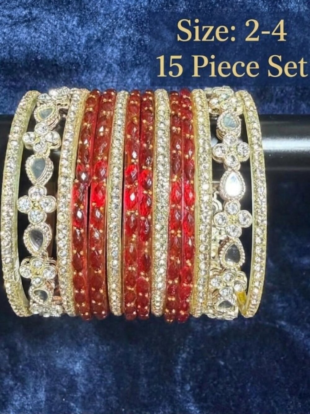 Indian Traditional Red & Gold Rhinestone Bangle Set for Women - Ethnic Stackable